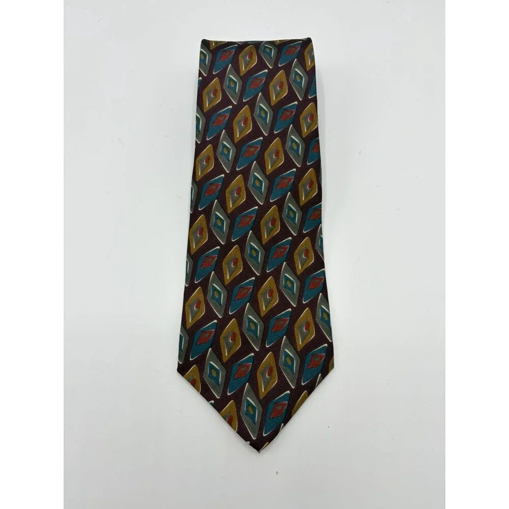 Vtg Geoffrey‎ Beene Tie Abstract Diamonds Geometric Multicolor Silk USA Made 56”